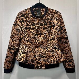 Trouve Women’s Leopard Print Diva Y2K-Glam Bomber Jacket Peplum Hem Size M